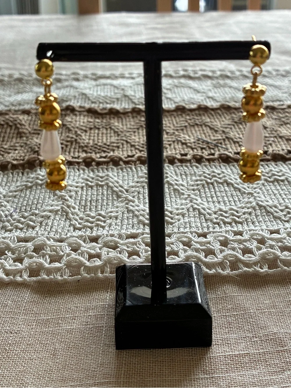 Gold & White Beaded Cross Bracelet, anklet and Earring Set